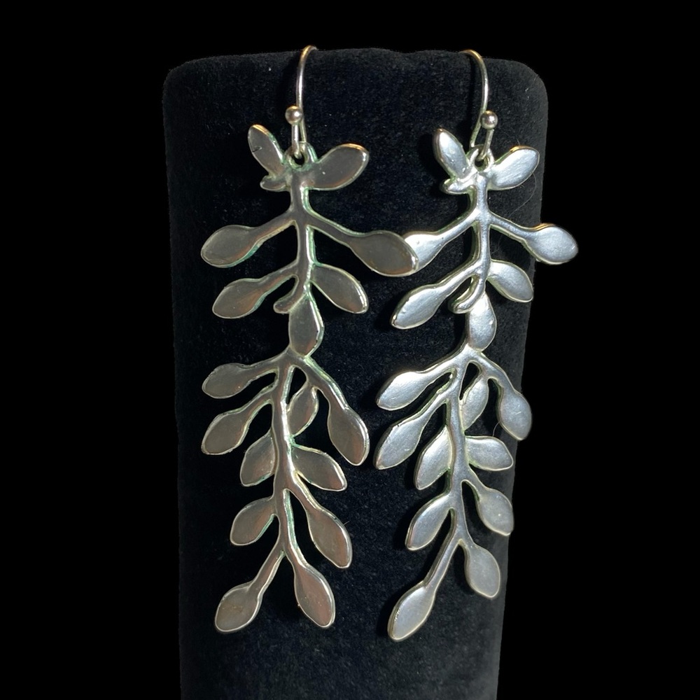 Silver Tone Long Statement Earrings. Leaf, Fern D… - image 2
